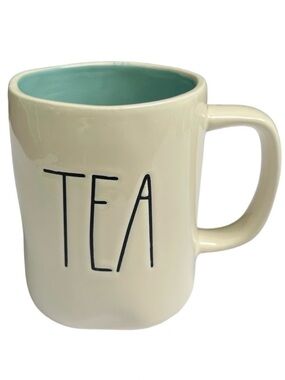 Rae Dunn TEA Mug White Teal Interior Black Large Letter Dimples NWT 2017 OG